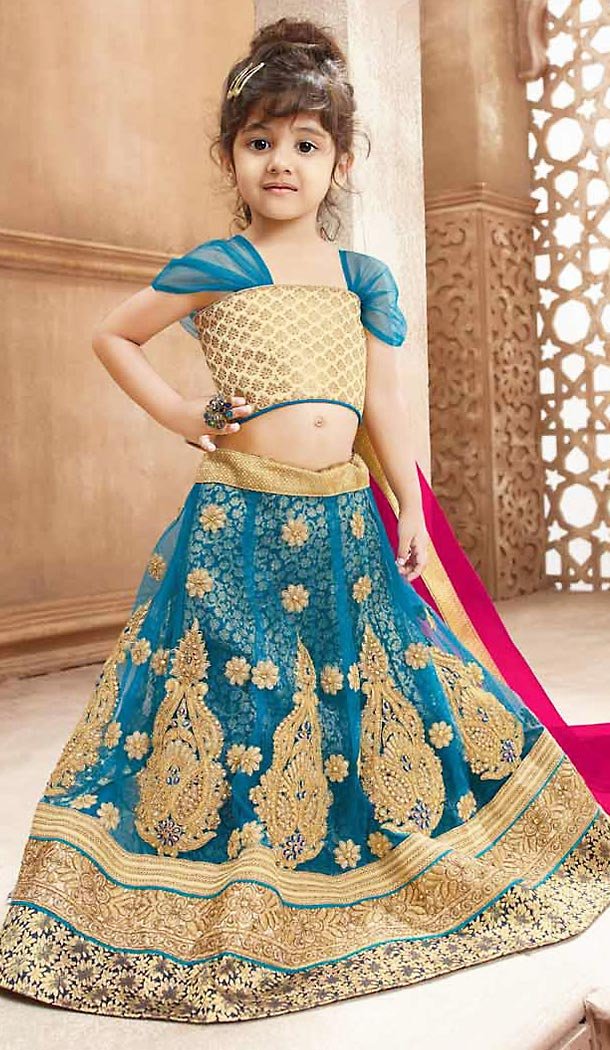 Aqua Blue Color Net A Line Kids Girls Lehenga Cholis | FH467472763