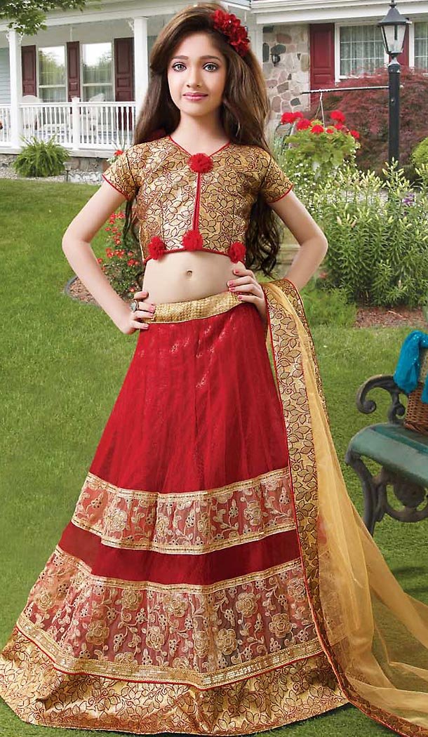 Red Color Net Circular Kids Girls Lehenga Cholis | FH467572767