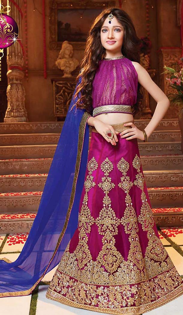 Magenta Color Net Circular Kids Girls Lehenga Cholis | FH467672774