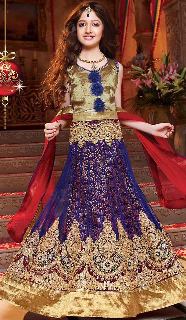 Navy Blue Color Net Circular Kids Girls Lehenga Cholis | FH467672779