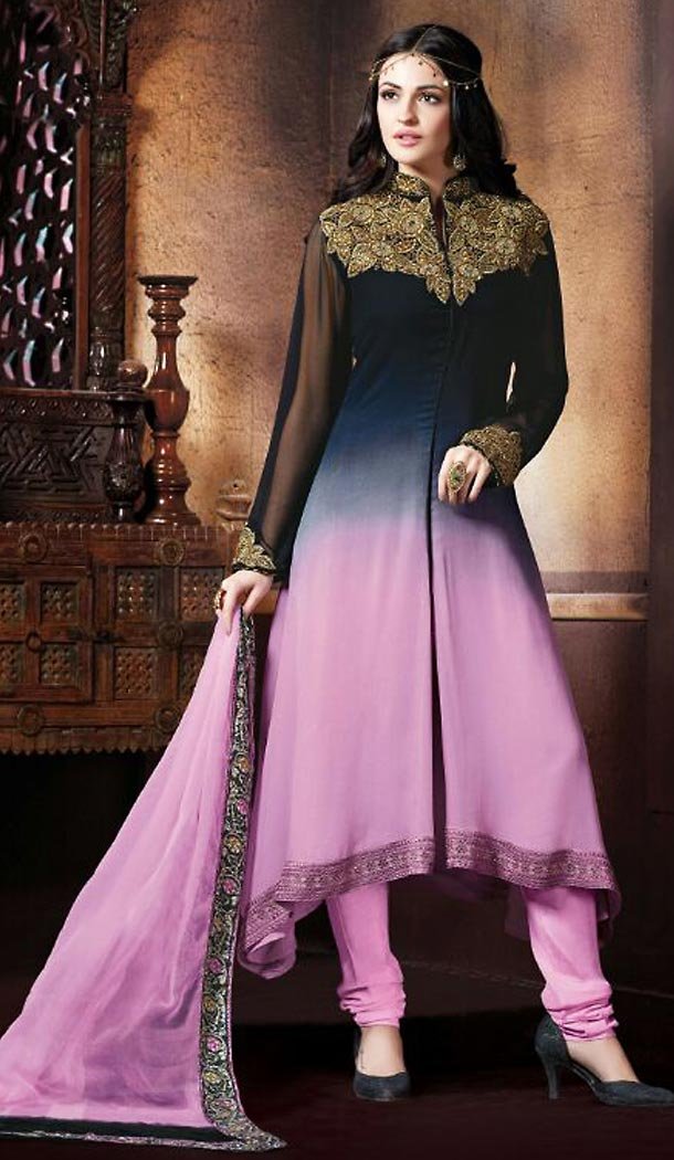 Lavender Color Georgette Straight Cut Stitched Churidar Dress | FH468572858