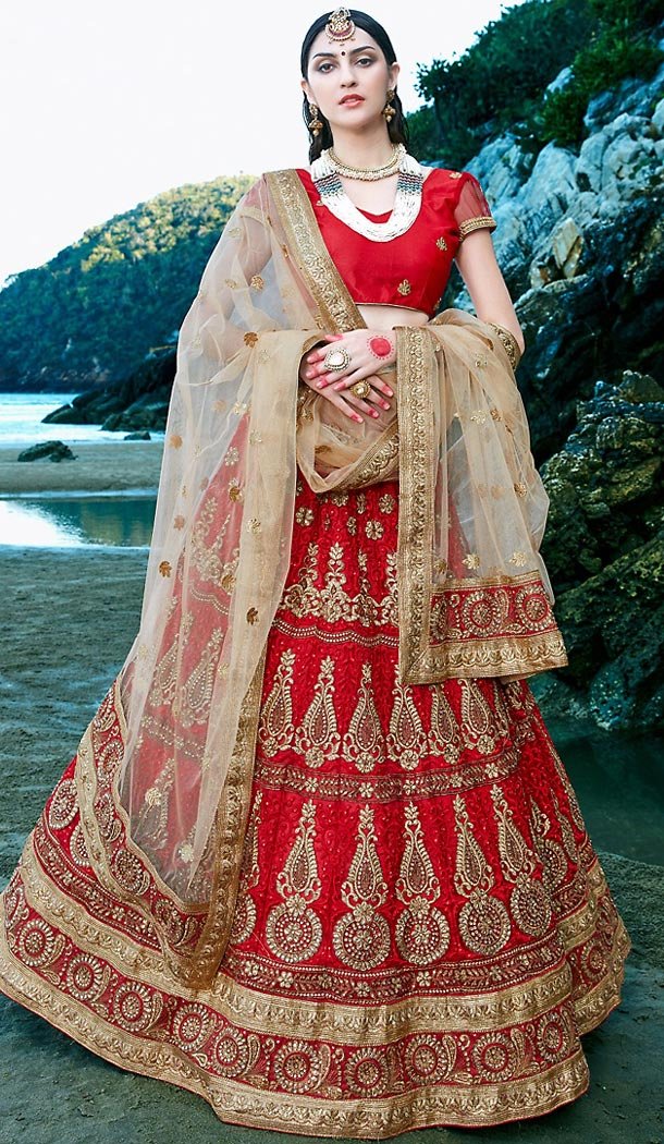 Traditional Look Attractive Circular Lehenga in Deep Scarlet Color | FH468972905