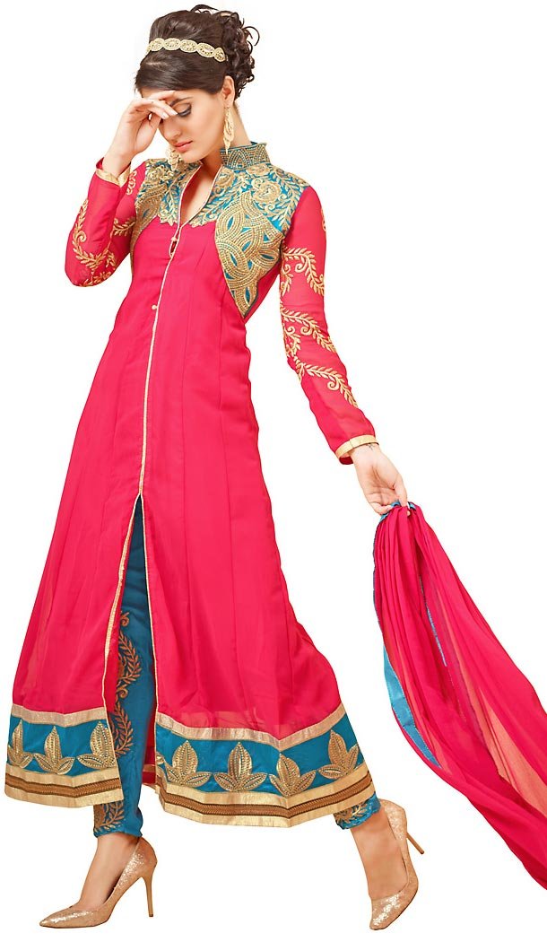 Deep Pink Color Georgette Achkan Style Salwar Kameez | FH469972996
