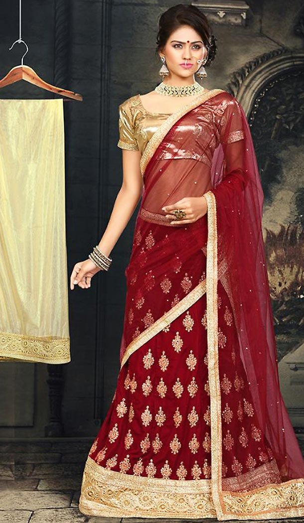 A Line Style Velvet Fabric Red Color Sweet Heart Neck Lehenga | FH470773069