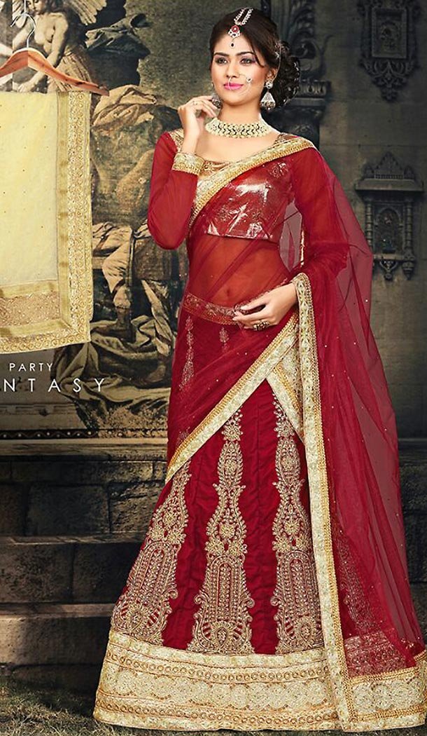 A Line Style Velvet Fabric Brick Red Color Sweet Heart Neck Lehenga | FH470773070