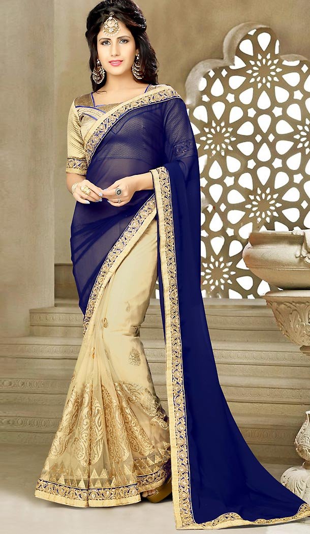 Blue Color Georgette and Net Traditional Sarees | FH476073635