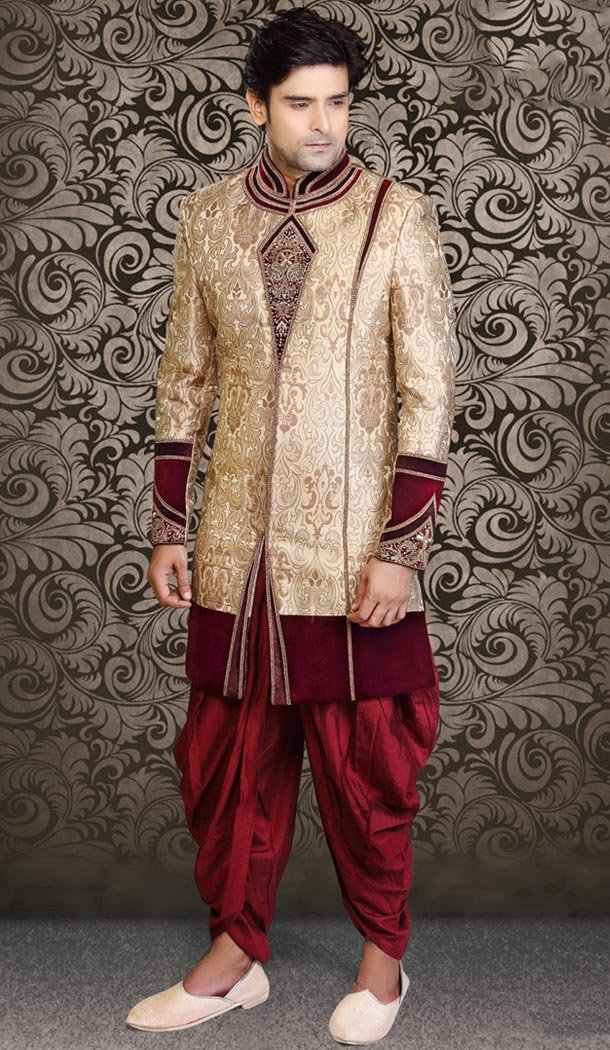 Beige Color Brocade Indo Western Menswear Suit | FH477973840