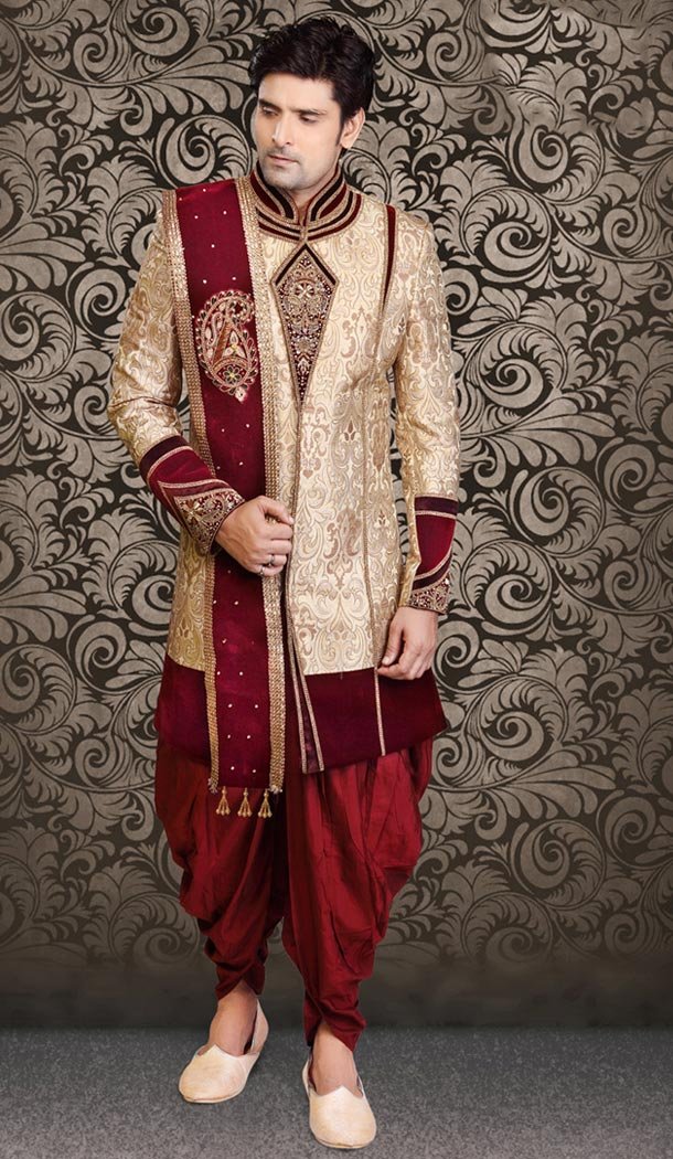 Brocade Beige Color Indo Western Menswear Suit | FH477973841