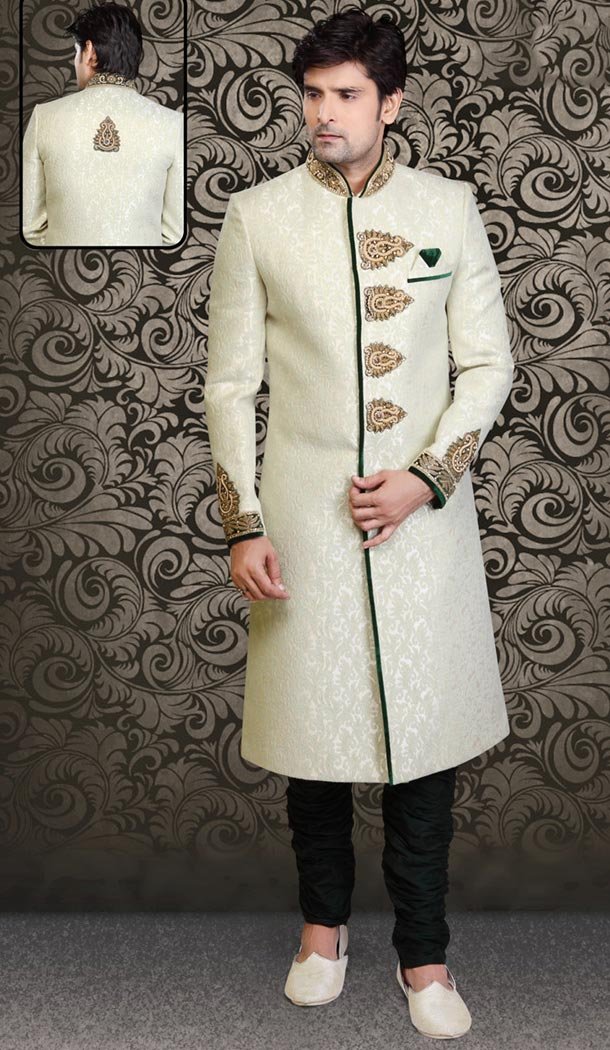 Mint Green Color Brocade Designer Wedding Sherwani for Men | FH478073852