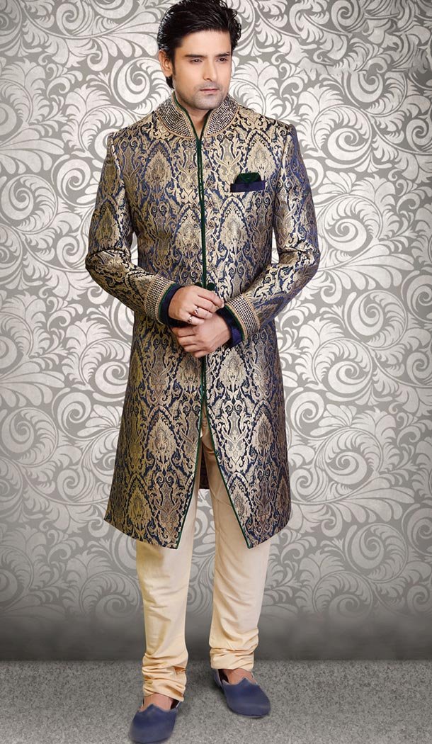 Blue Color Brocade Designer Wedding Sherwani for Men | FH478073855