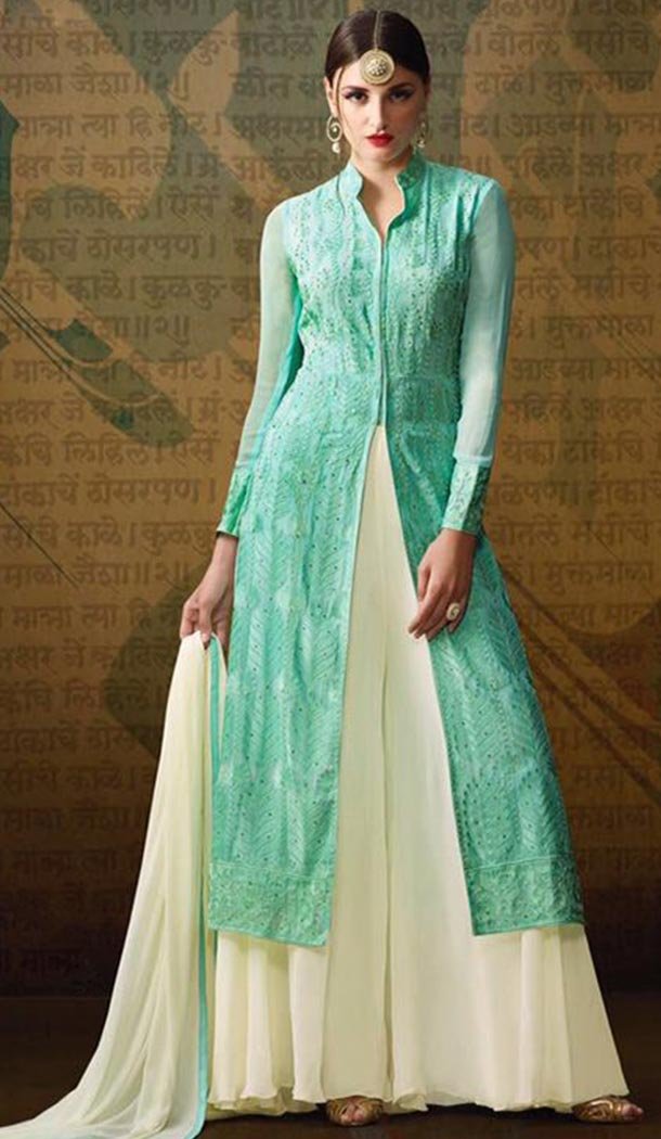 Turquoise Color Georgette Achkan Style Sharara Kameez | FH478573900