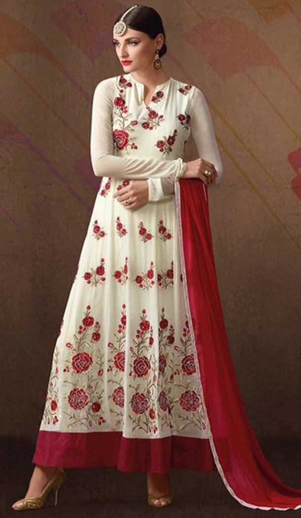 White Color Georgette Anarkali Style Churidar Kameez | FH478573902