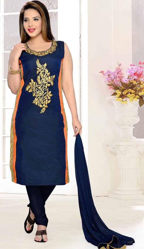 Navy Blue Color Art Silk Straight Cut Readymade Churidar Dress | FH478873940
