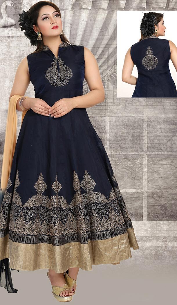 Navy Blue Color Art Silk Anarkali Readymade Churidar Dress | FH478873943