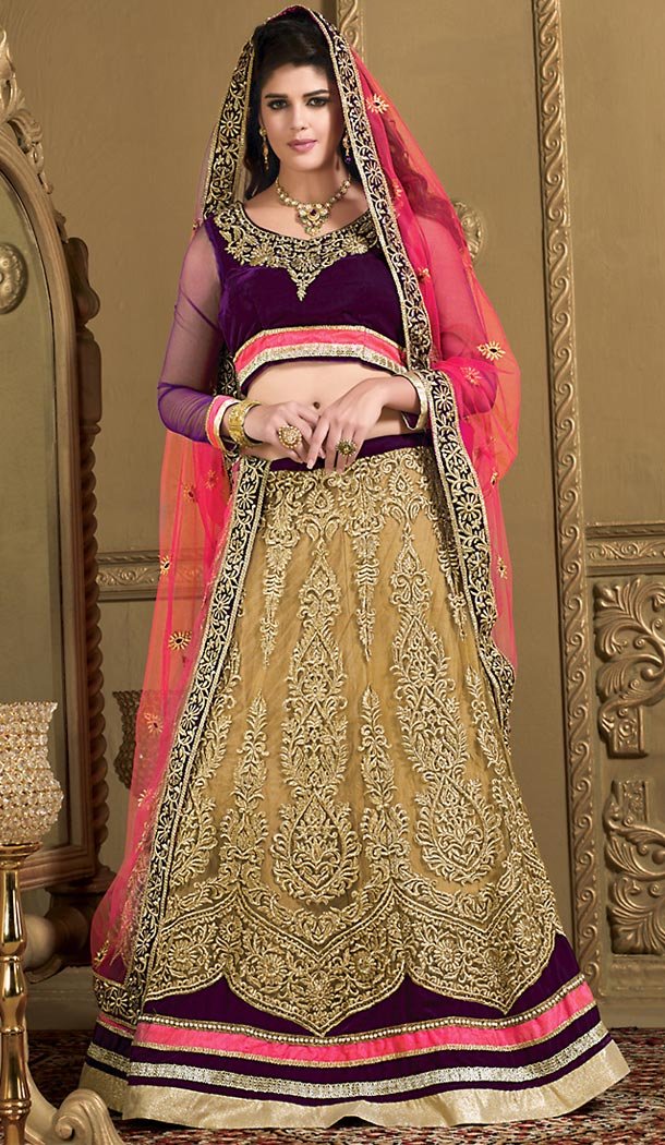 Sangeet Lehengas Online in Net and Tan Brown Color A Line Style | FH479274003