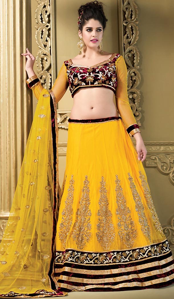 Sangeet Lehengas Online in Net and Deep Yellow Color A Line Style | FH479274005