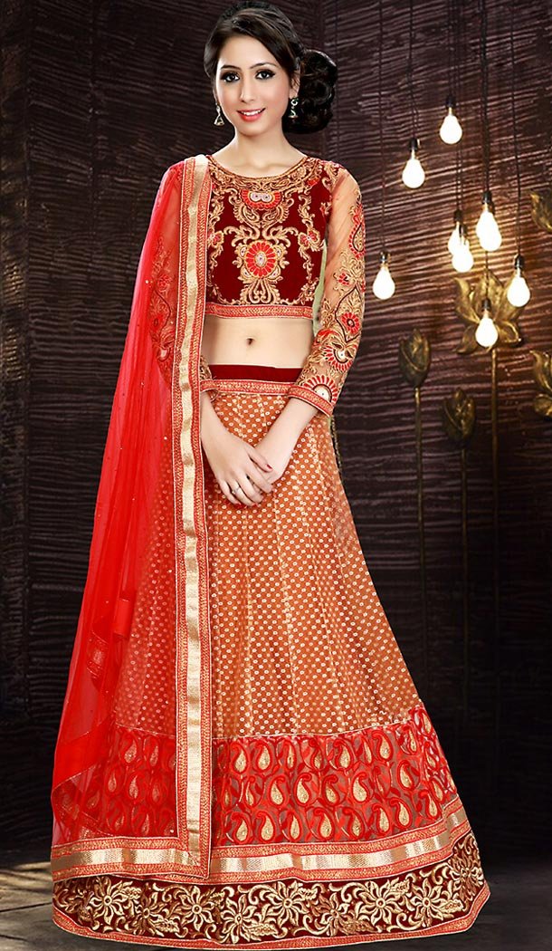 Orange Color Net A Line Style Party Wear Lehenga Choli | FH479374008