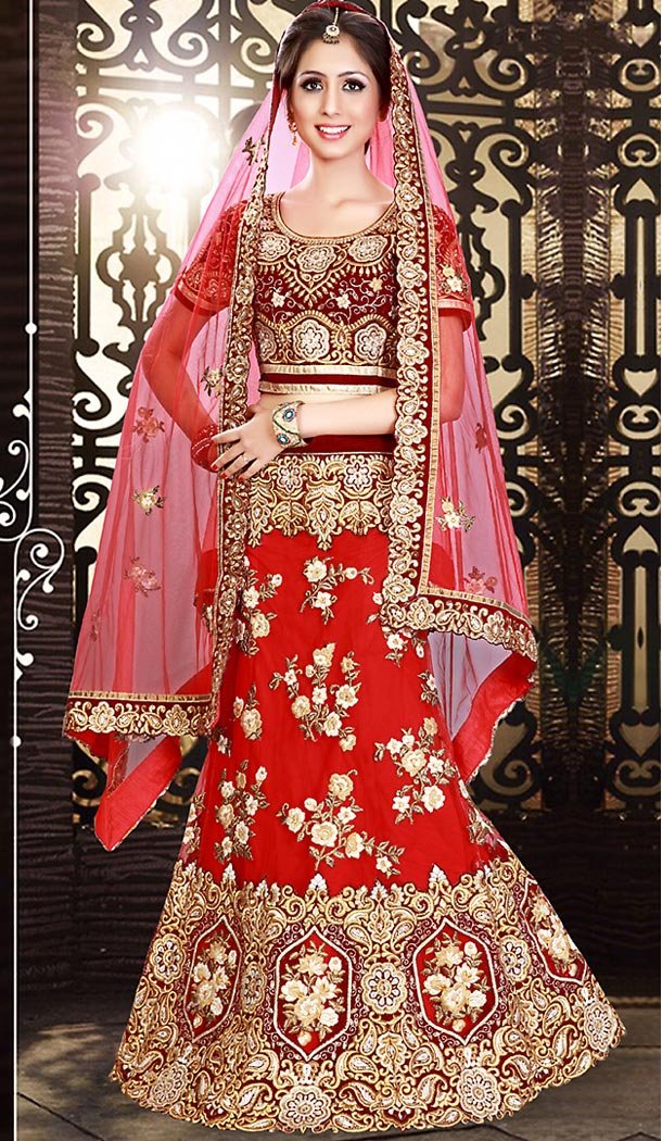 Deep Scarlet Color Net A Line Style Bridal Wear Lehenga Choli | FH479374009