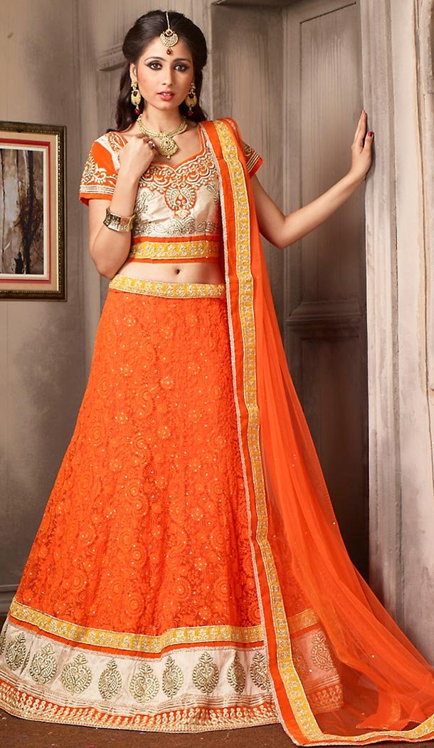 Deep Orange Color Net Designer Lehenga Choli | FH479474029