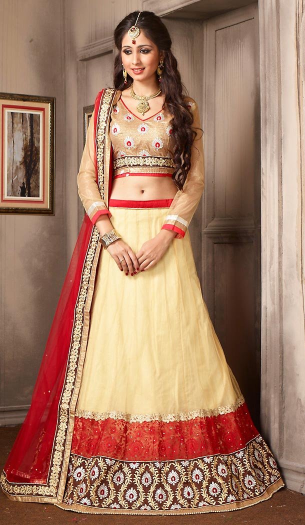 Beige Color Net Circular Style Lehenga Choli | FH479674056
