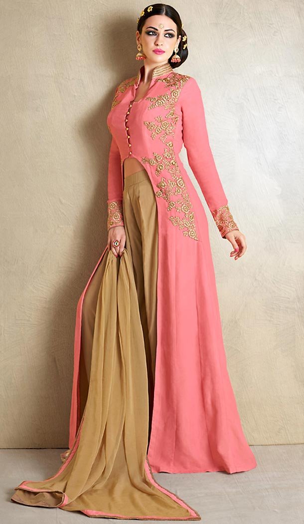 Salmon Color Georgette Achkan Style Salwar Kameez | FH480074108