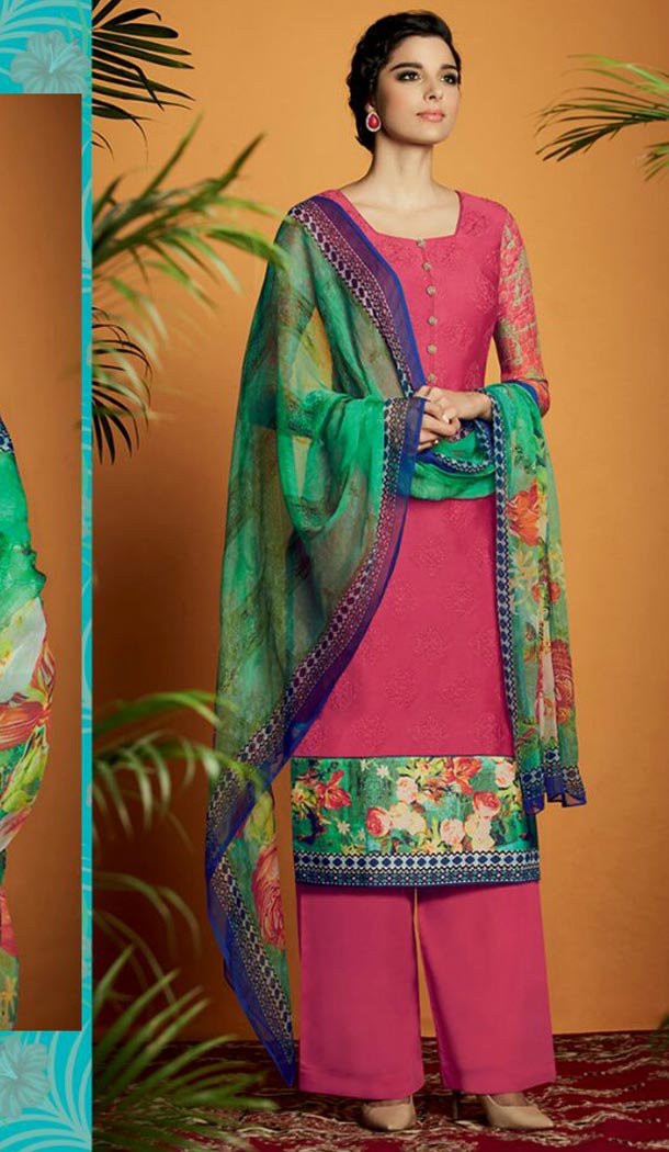 Deep Pink Color Cotton Straight Cut Style Palazzo Kameez | FH480174114