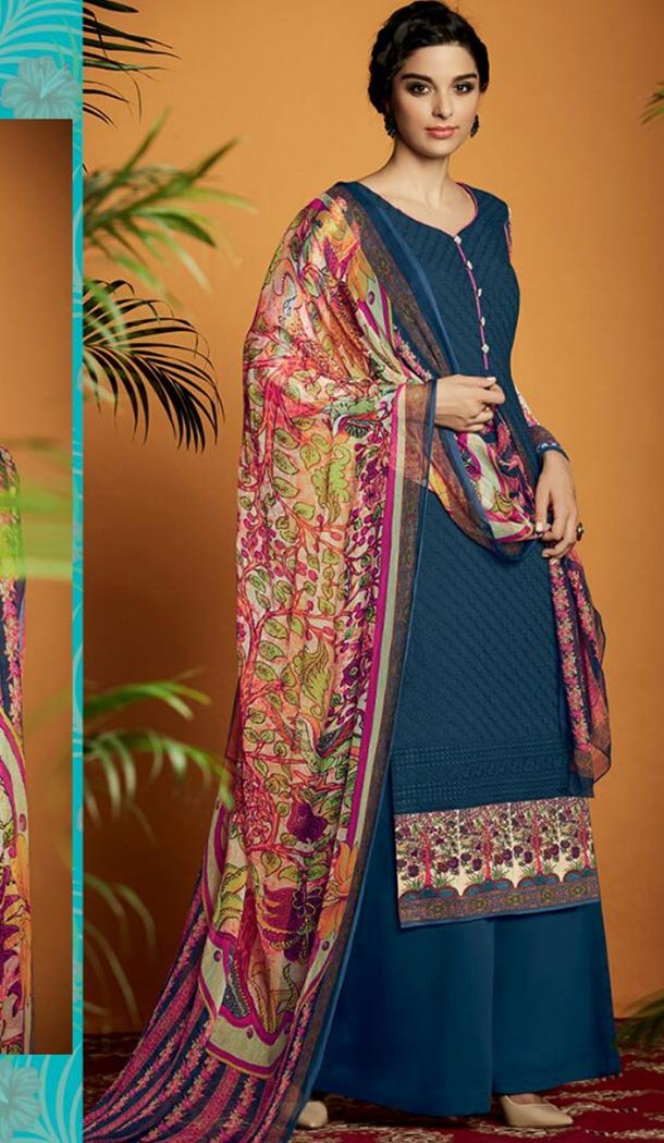 Navy Blue Color Cotton Straight Cut Style Palazzo Kameez | FH480174119