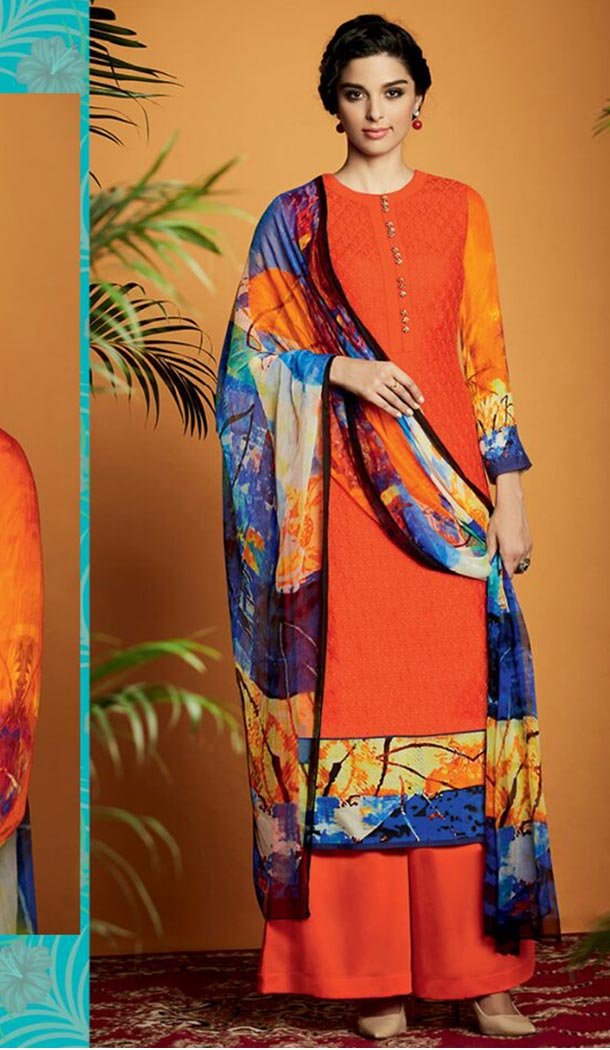 Deep Orange Color Cotton Straight Cut Style Palazzo Kameez | FH480174120