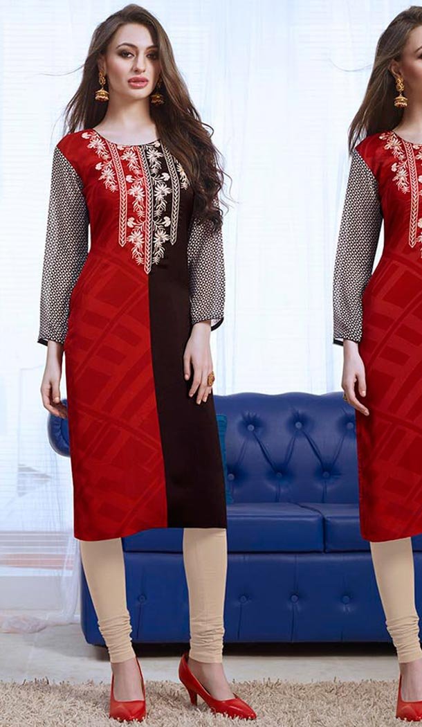 Georgette Fabric Deep Scarlet Color Straight Readymade Kurti | FH480674183