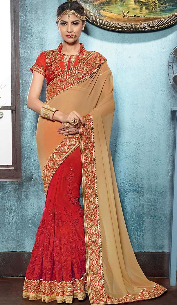 Tan Brown Color Georgette Traditional Ethnic Wear Saree Blouse | FH482474911