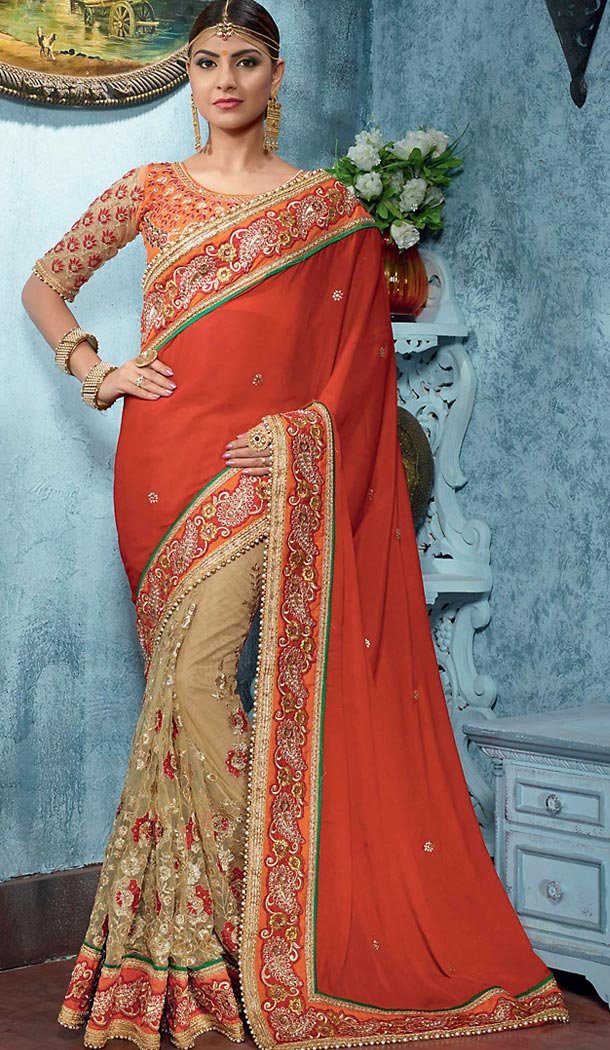 Deep Scarlet Color Georgette Traditional Ethnic Wear Saree Blouse | FH482474915