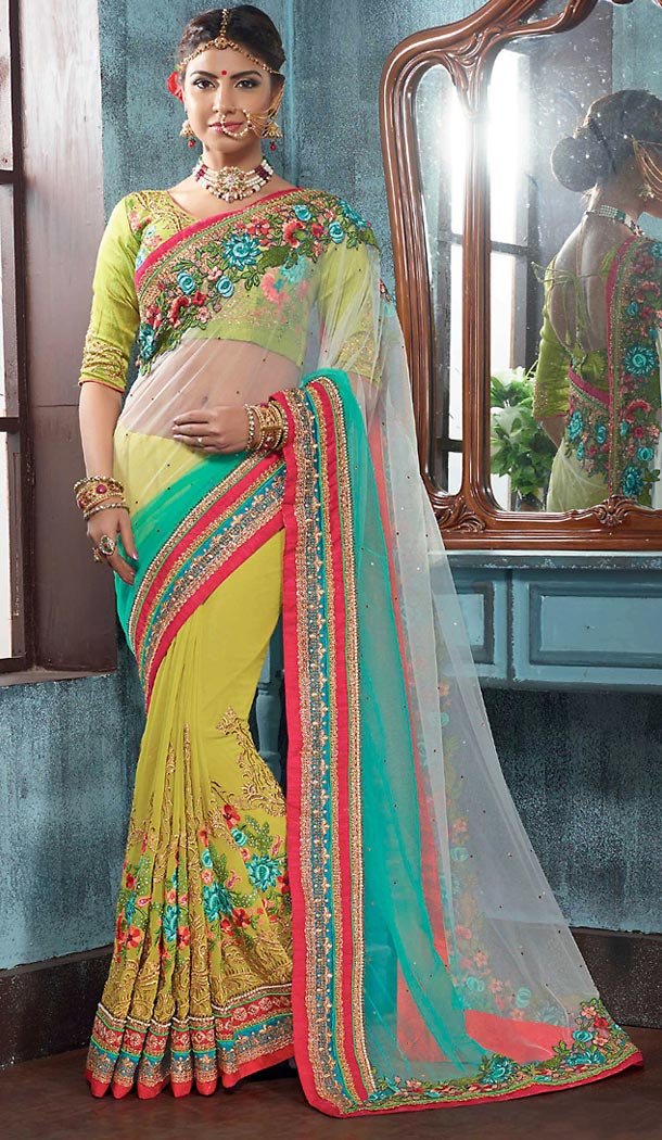 Parrot Green Color Georgette Traditional Ethnic Wear Saree Blouse | FH482474921