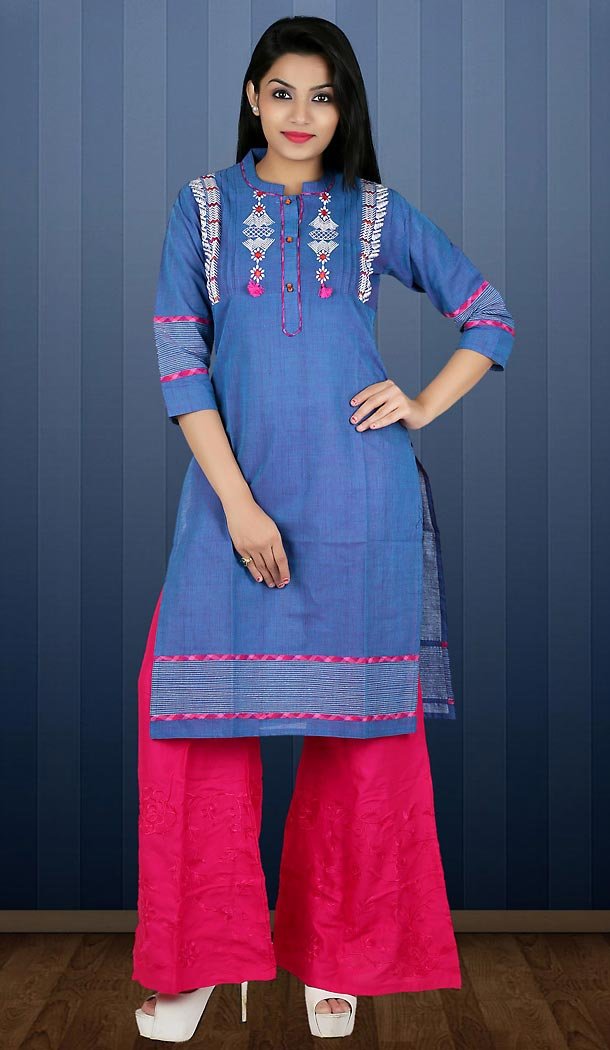 Azure Blue Color Kora Silk Wrap Style Readymade Kurti | FH482774418