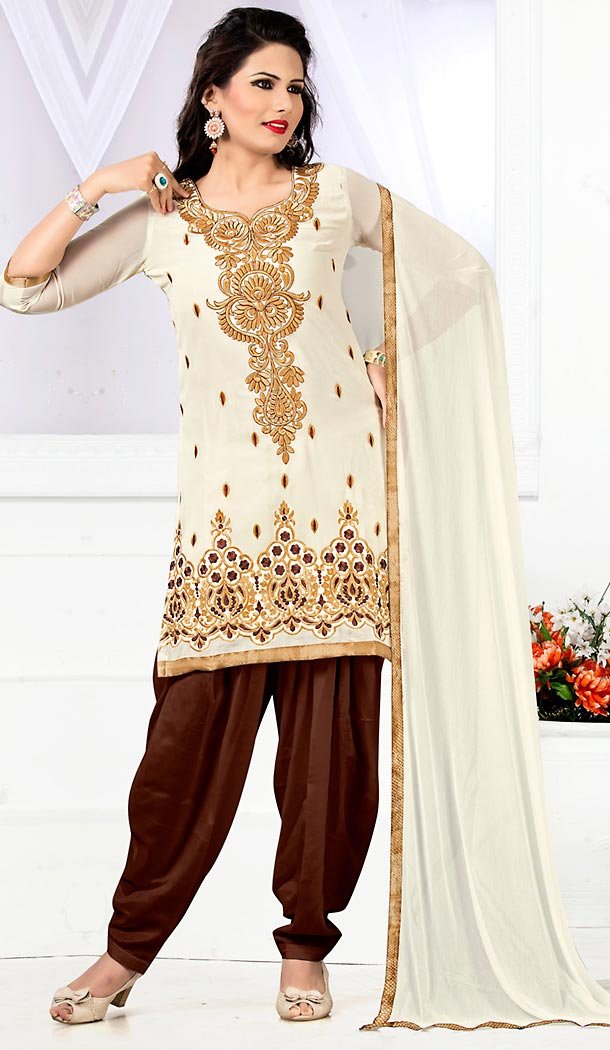 Georgette Cream Color Patiyala Punjabi Dress | FH483574544