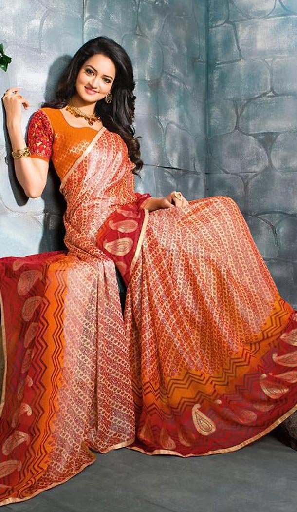 Orange Color Georgette Graphic Print Saree | FH485374717