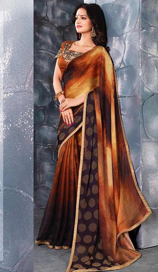 Chocolate Color Georgette Graphic Print Saree | FH485374720