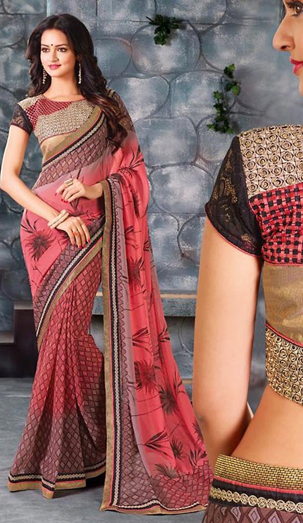 Salmon Color Georgette Graphic Print Saree | FH485374722