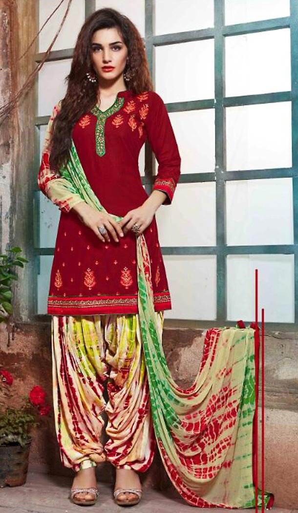 Cotton Deep Scarlet Color Deaily Wear Patiyala Punjabi Dress | FH485574735