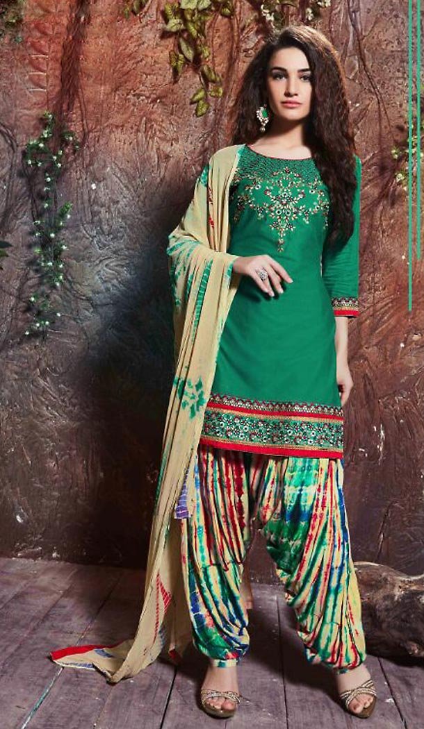 Cotton Bottle Green Color Deaily Wear Patiyala Punjabi Dress | FH485574740