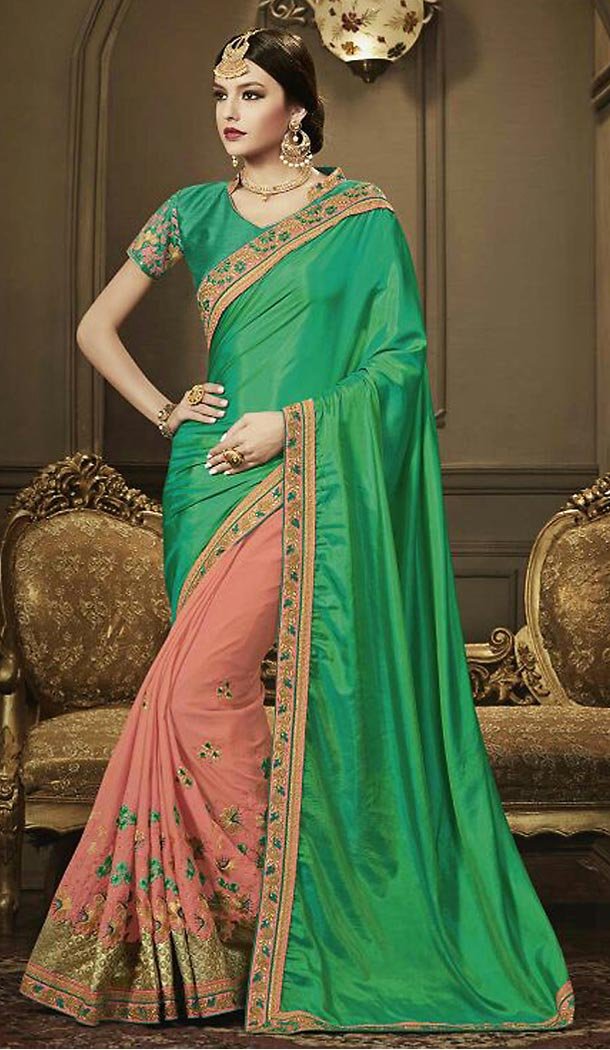Chrome Green Color Georgette Traditional Embroidered Saris Blouse | FH487074874
