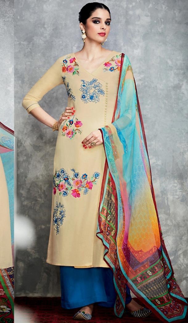 Tan Brown Color Cotton Angrakha Style Palazzo Kameez | FH487574952