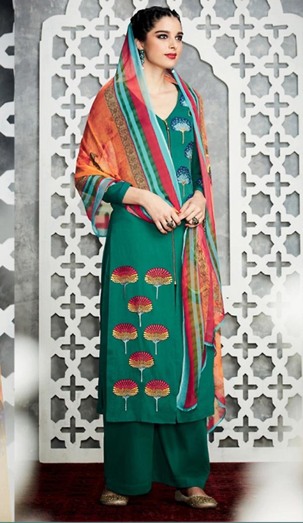 Emerald Color Cotton Achkan Style Palazzo Kameez | FH487574959