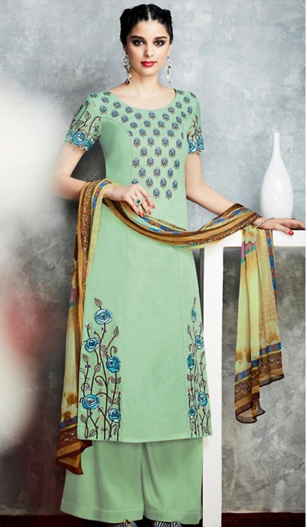 Aloe Vera Green Color Cotton Straight Cut Style Palazzo Kameez | FH487574962