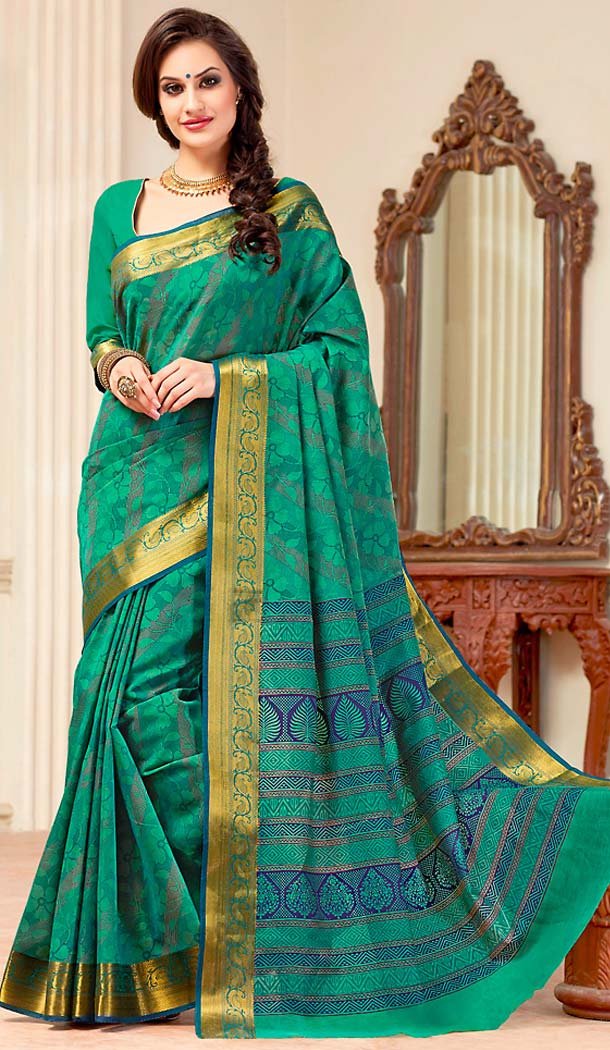 Emerald Color Cotton Contemporary Style Office Wear Saree | FH488475050