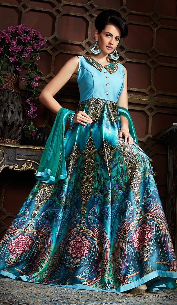 Sky Blue Color Satin Party Wear Gowns | FH489675185