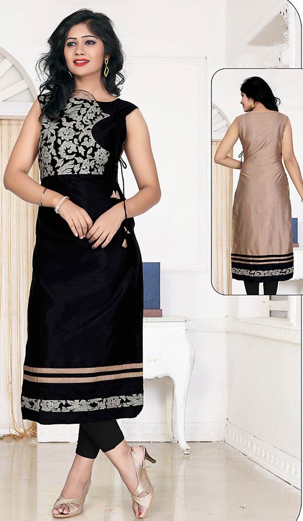 Black Color Silk Straight Style Readymade Kurtis | FH490875380