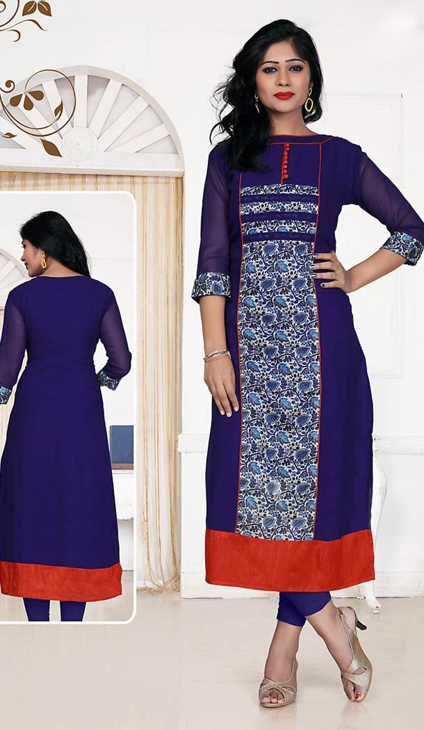 Deep Blue Color Georgette Straight Style Readymade Kurtis | FH490875382