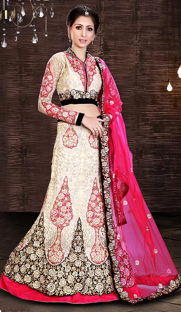 Cream Color Net A Line Style Bridal Lehenga Choli | FH490975355