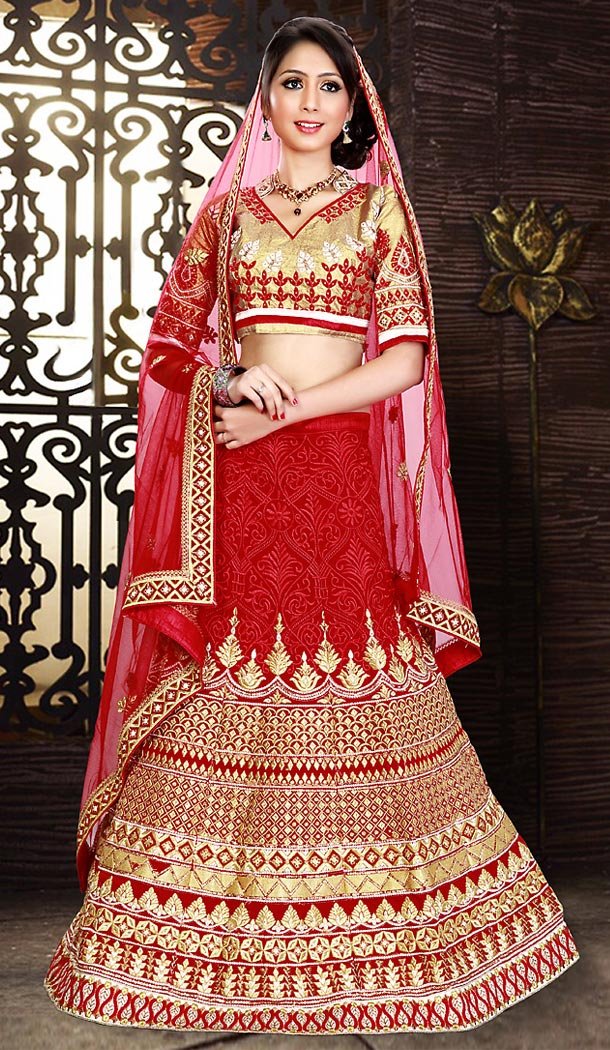 Red Color Georgette A Line Style Bridal Lehenga Choli | FH490975356