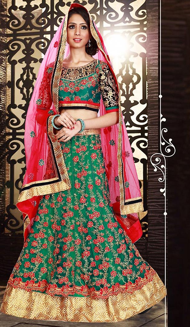 Green Color Net A Line Style Bridal Lehenga Choli | FH490975360